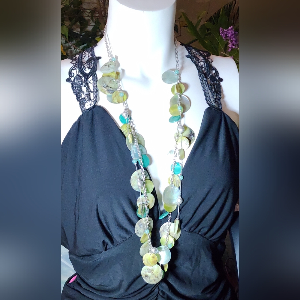 Vintage Boho Long Shell Coin Layered Statement Necklace Approx. 34"-36”